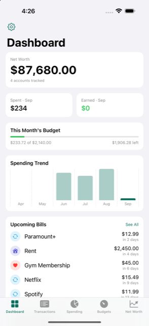 SmartMoney Dashboard screen showing net worth, budget progress, and upcoming bills