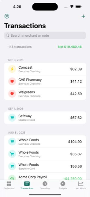 SmartMoney Transactions screen with a day-grouped transaction list